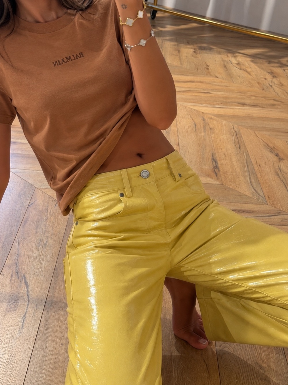 BALMAIN PARIS Short Sleeve Cropped Word Logo Graphic Tee Shirt